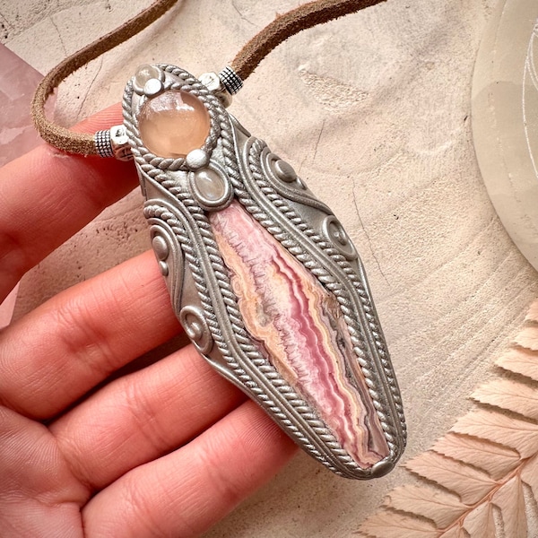 Rhodochrosite Pink Chalcedony and Moonstone Necklace