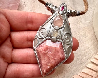 Rhodochrosite Morganite Ruby and Moonstone Necklace