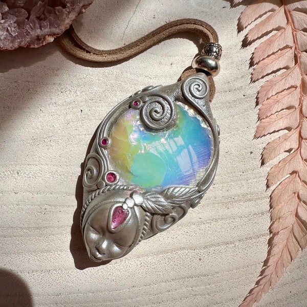 Angel Aura Opalite Moon with Ruby and Pink Tourmaline Goddess Necklace