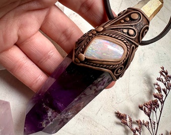 Amethyst with Opalized Squid Fossil and Tangerine Aura Quartz Wand / Necklace
