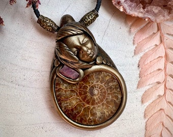 Ammonite and Raw Ruby Goddess Necklace