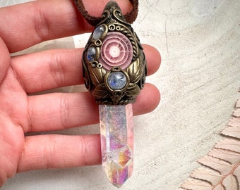 Angel Aura Quartz Rhodochrosite Stalactite and Moonstone Necklace