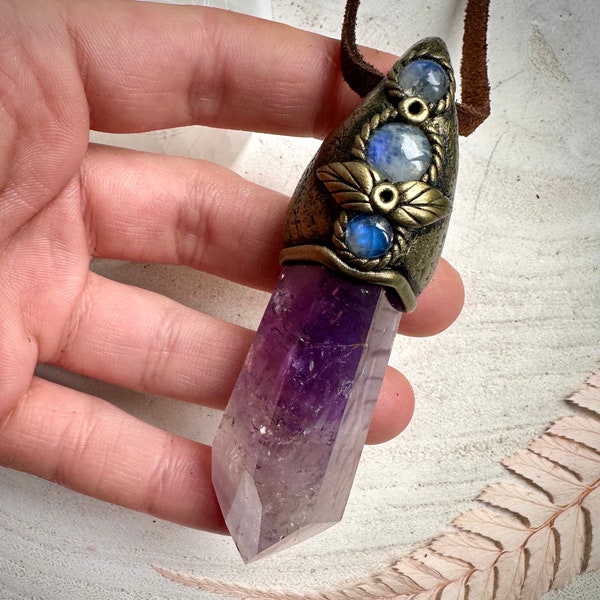 Polished Amethyst and Rainbow Moonstone Necklace