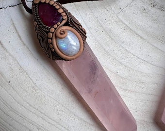 Rose Quartz Point with Pink Tourmaline and Moonstone Wand / Necklace