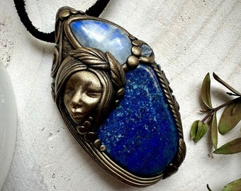 Lapis Lazuli with Moonstone and Blue Sapphire Goddess Necklace