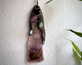 Super Seven Slice with Black Obsidian Heart Aquamarine Stichtite Kunzite Larimar and Clear Topaz Wall Hanging | Spiritual Gifts