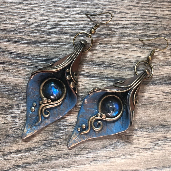 Blue Labradorite Earrings, Leaf Earrings, Hippie Elven Jewelry