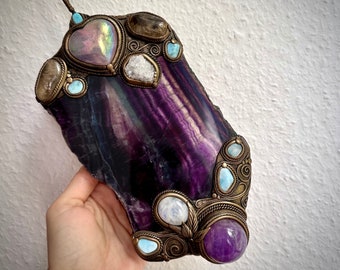 Rainbow Fluorite Wall Hanging, Angel Aura Rose Quartz Heart with Citrine Australian Opal Moonstone Larimar Amethyst Shpere Wall Art