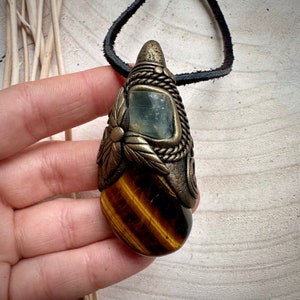 Tigers Eye and Raw Blue Topaz Pendant