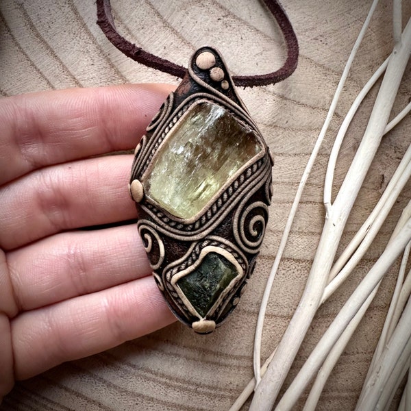 Hiddenite and Moldavite Pendant