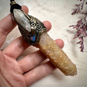 Long Spirit Quartz with Danburite and Australian Opal Pendant Necklace