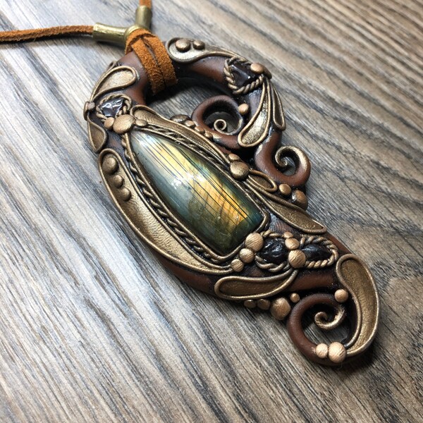 Labradorite Necklace, Red Garnet Pendant, Clay Gemstone Jewelry