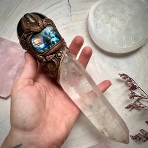 Large Lemurian Seed Quartz Point with Black Obsidian Sphere Labradorite Citrine and Ammonite Wand