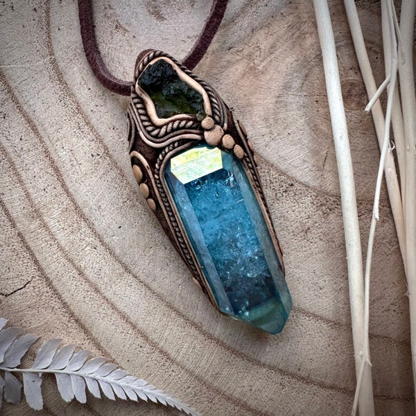 Aqua Aura Quartz and Moldavite Necklace