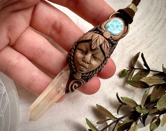 Lemurian Seed Quartz and Larimar Goddess Necklace