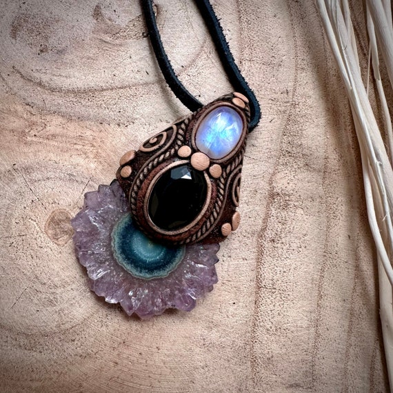 Amethyst Stalactite Moonstone Smoky Quartz Necklace