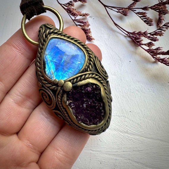 Amethyst Cluster and Rainbow Moonstone Necklace - Etsy