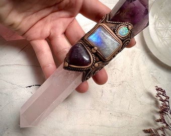 Rose Quartz with Amethyst Point Rainbow Moonstone Australian Opal and Lepidolite Wand