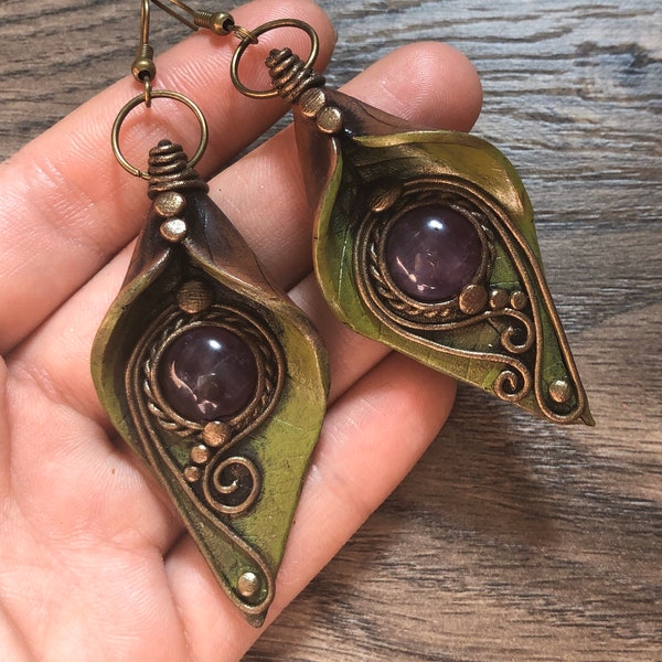 Amethyst Earrings, Leaf Earrings, Gemstone Hippie Jewelry