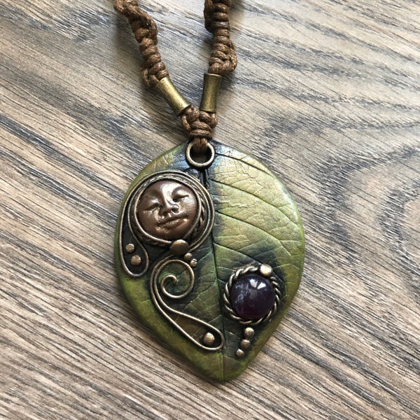 Leaf Goddess Clay Pendant, Amethyst Gemstone Macrame Necklace