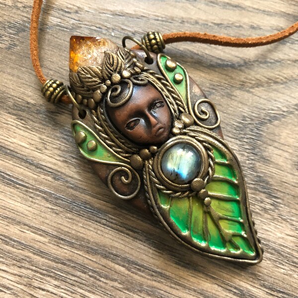 Citrine Goddess Pendant, Labradorite Necklace, Leaf Tribal Jewelry