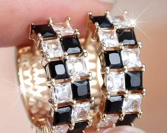 French Classic Square - Black Moissanite Diamond Hoop Earrings: 925 Sterling Silver Jewelry Gifts