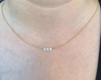 925 Sterling Silver Moissanite Diamond Floating Necklace, 18K Yellow Gold Plated Over Silver, Round Bead Necklace Adjustable 16" 17" 18"