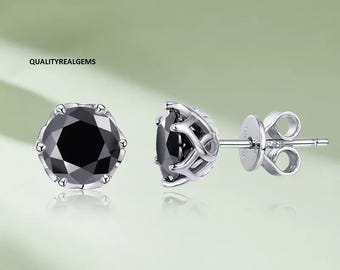 925 Sterling Silver 2Ct Round Cut Black Moissanite Stud Earrings, Beautiful Black Moissanite Diamond Earrings, Gift For Your Loved One.