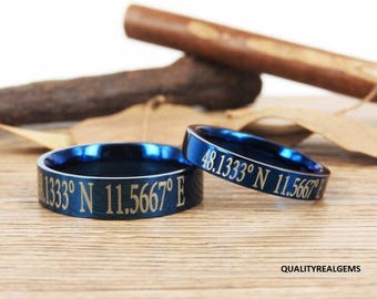 925 Sterling Silver Latitude Longitude Blue Flat Ring, Coordinate Ring, Longitude Latitude, Personalized Ring, Personalized Couple Ring.