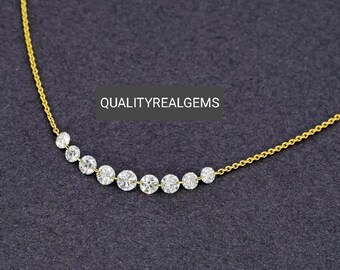925 Sterling Silver Moissanite Diamond Necklace 18K Yellow Gold Plated Over Silver, Moissanite Diamond Round Necklace Adjustable 16" 17" 18"