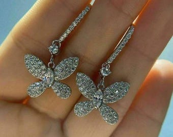 4CT Round & Marquise Cut White Moissanite Women's Butterfly Drop Earrings Made in 925 Sterling Silver, Gorgeous Butterfly Earrings For her.