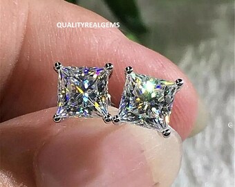 925 Sterling Silver 2.00 Ct Princess Cut Real Moissanite Stud Earrings, Beautiful Moissanite Diamond Stud Earrings, Silver Moissanite Studs.
