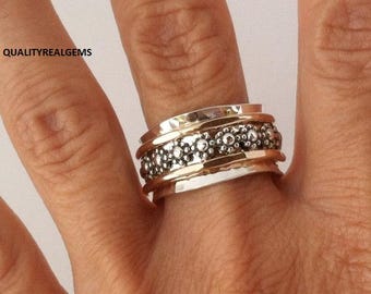 925 Sterling Silver Spinner Ring, 14K Gold Plated Ring, Wedding Ring, Meditation Ring, Wide Flower Band Spinner Ring.