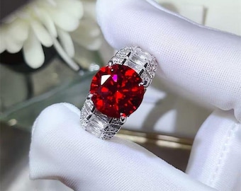 Lab Grown Ruby Round Cut Ring, 925 Sterling Silver Moissanite Diamond Jewelry Gifts