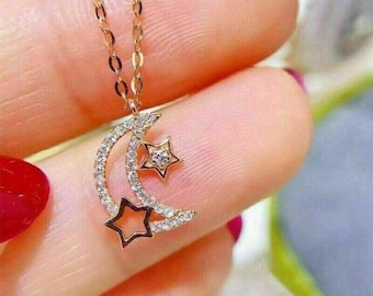 Moissanite Diamond Moon & Star Necklace, 925 Sterling Silver Pendant