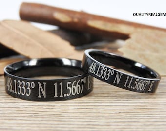 925 Silver Custom Coordinate Jewelry- Black Flat Engraved Silver Couple Ring Set- Coordinates Rings, Personalized Latitude Longitude Jewelry