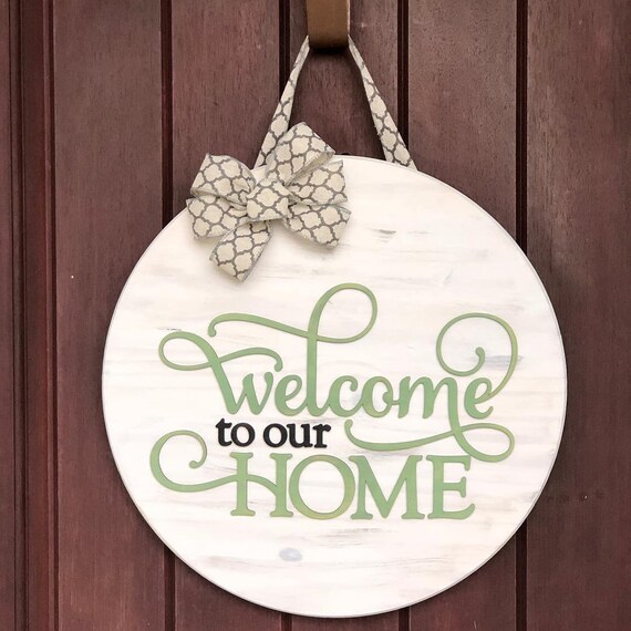 Custom Made Wood Door Hanger Welcome To Our Home Welcome Door Hanger Door Hanger Front Door Decor Wood Wreath