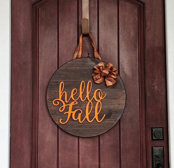 Custom Made Wood Door Hanger Hello Fall Fall Door Hanger Hello Fall Door Hanger Door Hanger Front Door Decor Wood Wreath