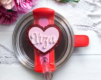 Pink Name Tumbler Topper | Valentines Tumbler Topper | Heart Name Plate | Custom Tumbler Nameplate | Tumbler Name Tag | Cup Nameplate