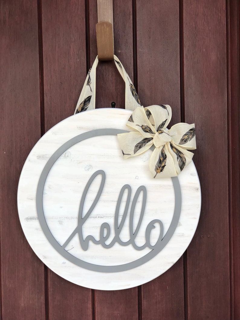 Custom Made Wood Door Hanger Circle Hello Hello Door Hanger Etsy