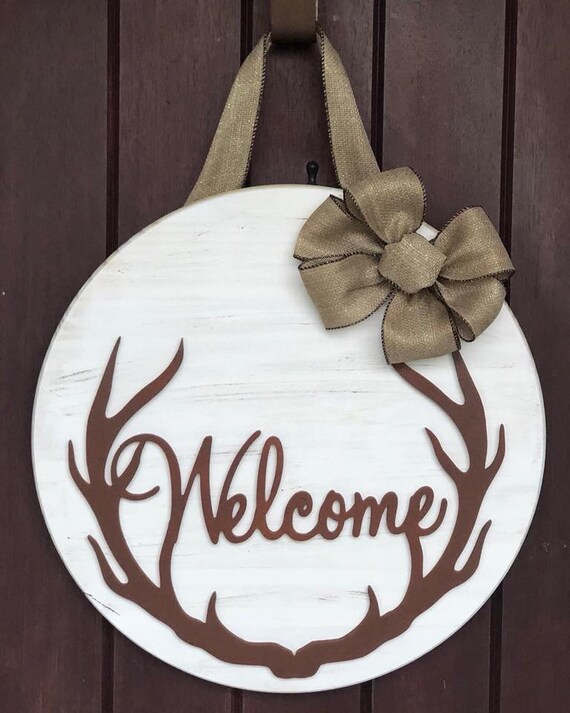 Custom Made Wood Door Hanger Welcome Antlers Hunting Door Etsy