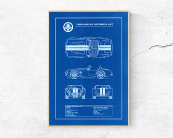 1966 SHELBY AC COBRA 427 - cyanotype - unique - print - handmade - classic car - patent - blueprint