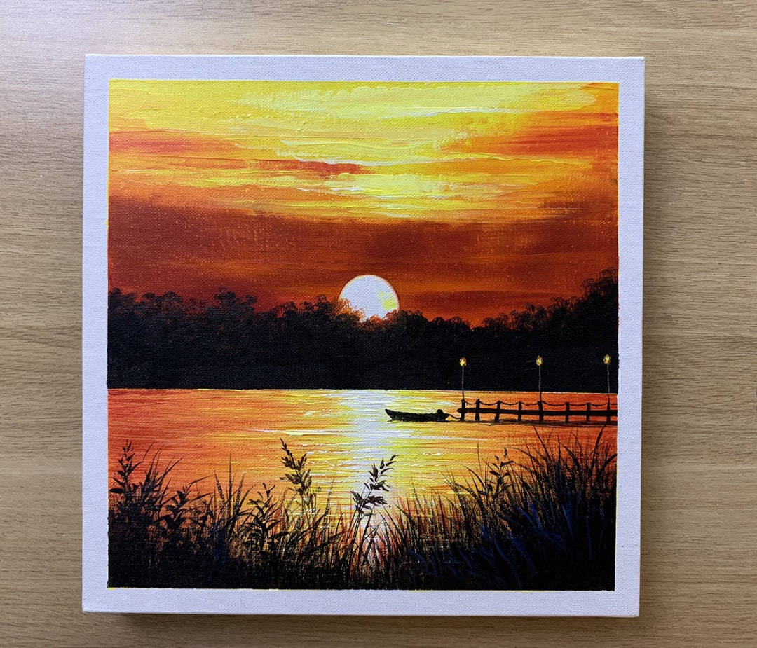 Daily Challenge #131 / Acrylic / Sunset on the Lake Painting - Etsy