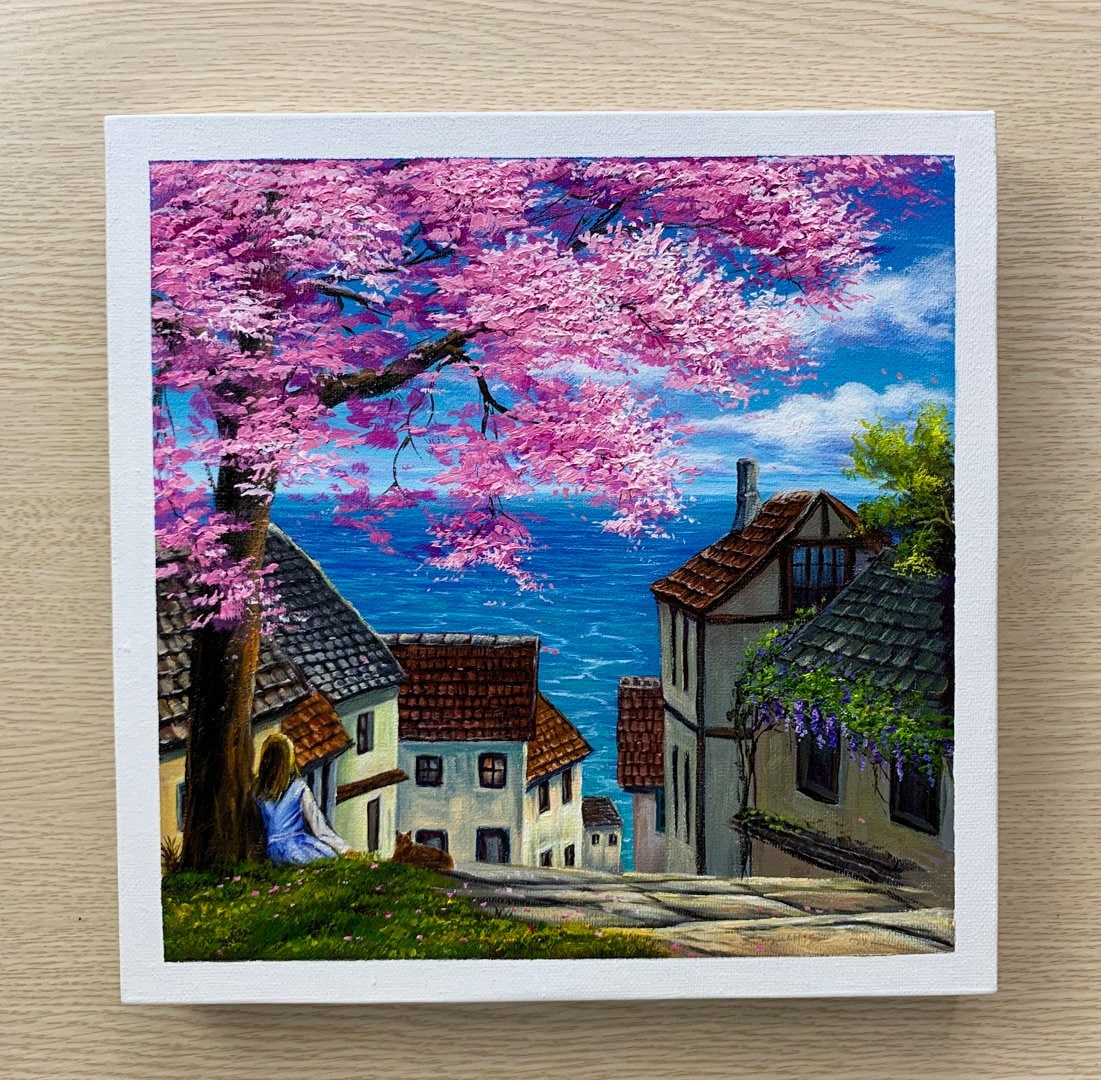 Daily Challenge #260 / Acrylic / A Town With an Ocean View