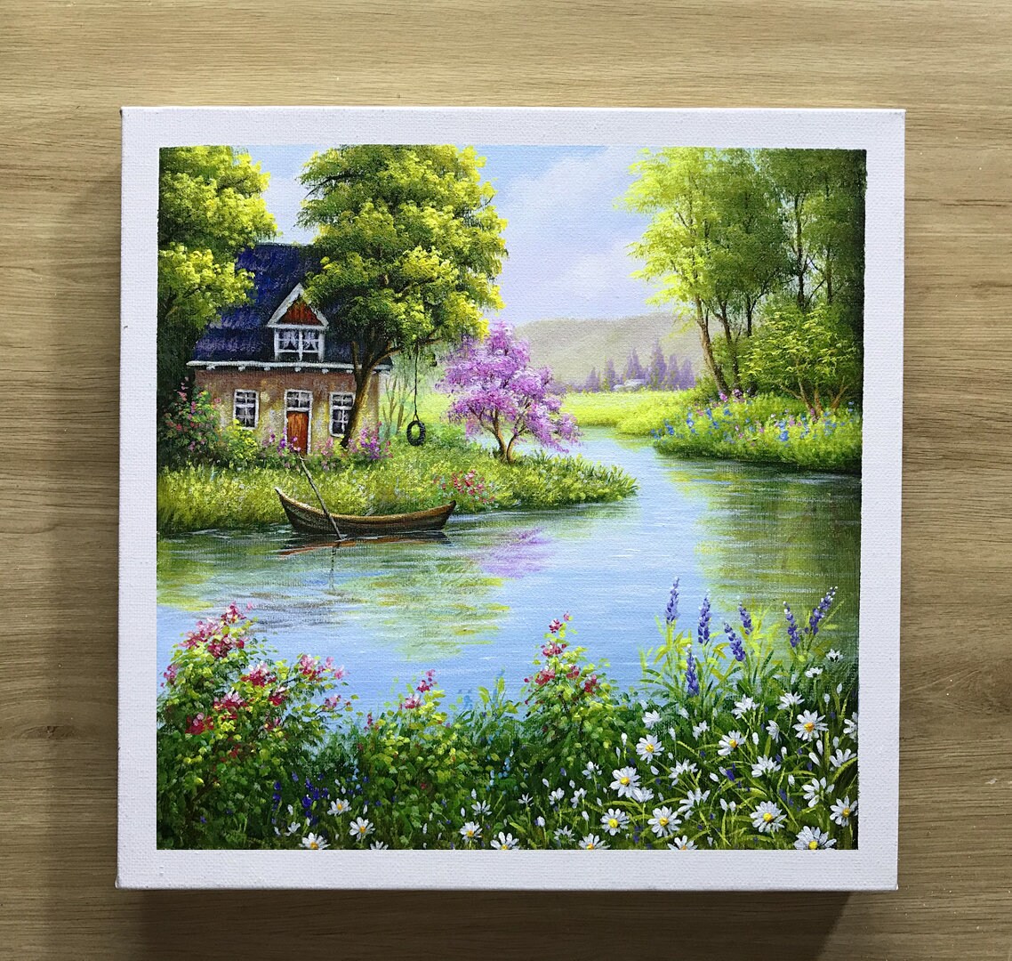 TISHIRON Pittura Ad Olio Con Numeri Per Adulti – Paesaggio Ciliegi E Lago, Kit 40x50 Cm Su Tela, Colori Acrilici Inclusi - 2