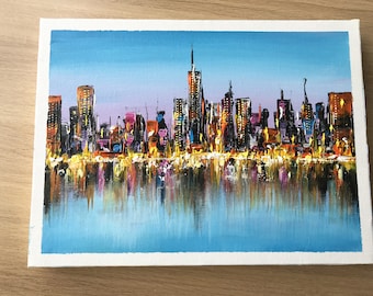 Daily Challenge #19 / Acrylic/ City Skyline with reflection Painting