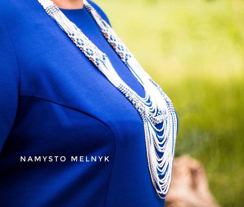 Long white blue necklace Beaded traditional necklace Extravagant necklace Ukrainian multistrand necklace Beaded necklace in ethno style