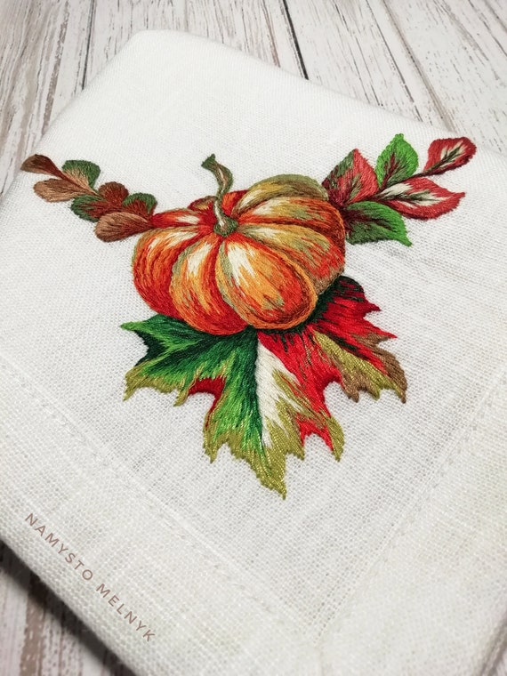 Fall embroidered linen napkin 16 x 18 Orange Etsy