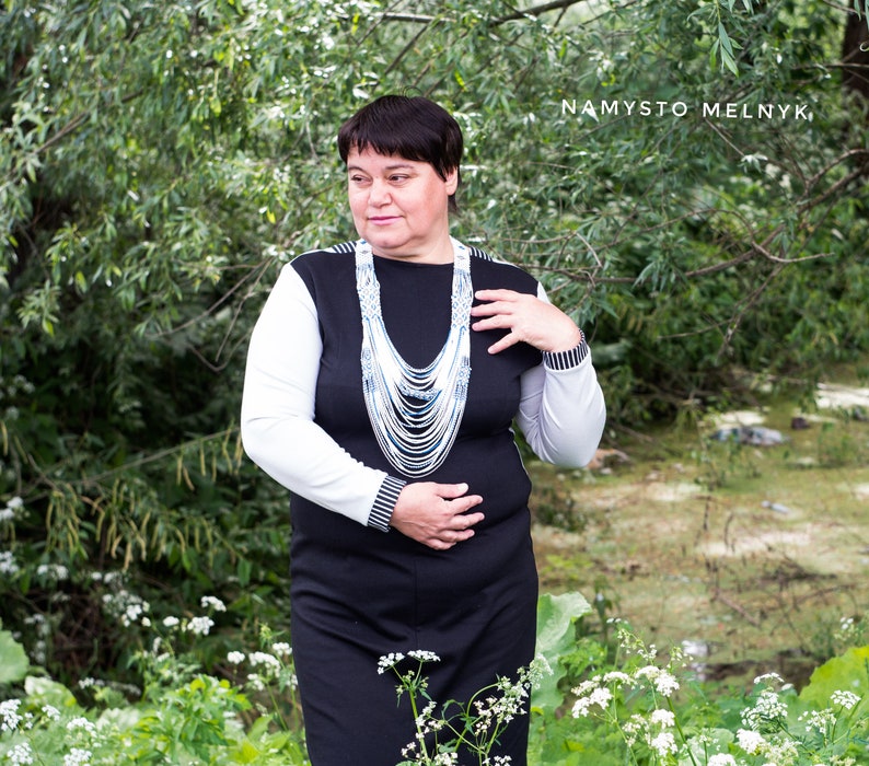 Long white blue necklace Beaded traditional necklace Extravagant necklace Ukrainian multistrand necklace Beaded necklace in ethno style