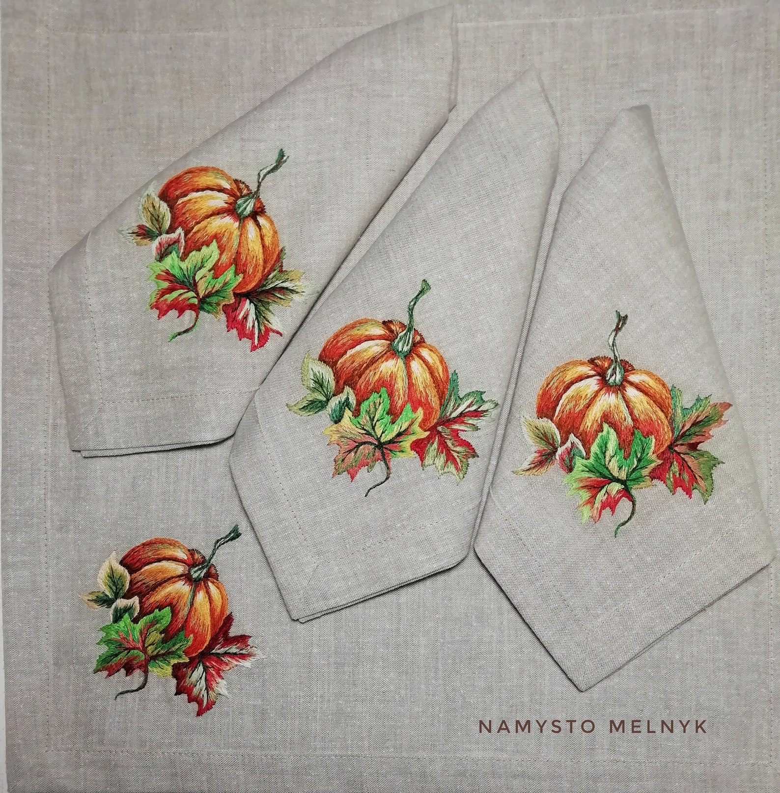 Handmade embroidered linen pumpkin napkins Thanksgiving Etsy